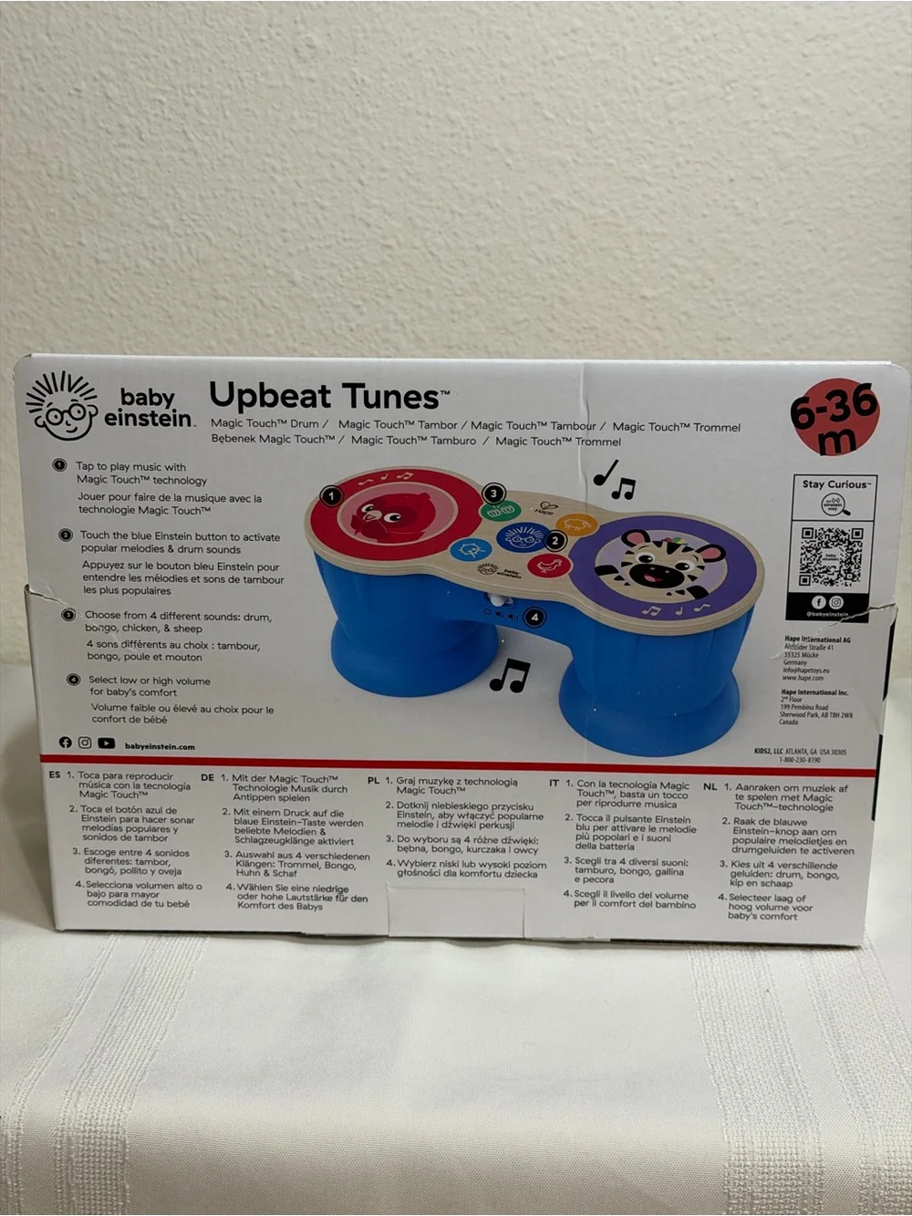 BABY EINSTEIN UPBEAT TUNES MAGIC TOUCH WOODEN DRUM​ MUSICAL TOY AGES 6-36 MONTHS
